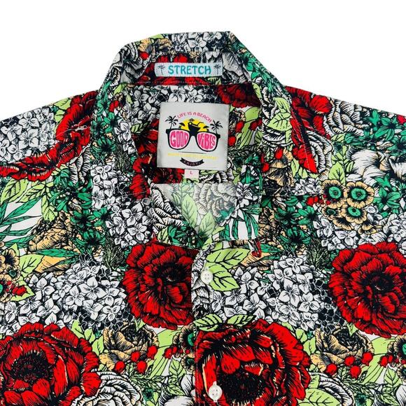 Good Vibes Men’s Hawaiian Aloha Button-Up Shirt Floral Red Green Black Size L - Picture 3 of 6